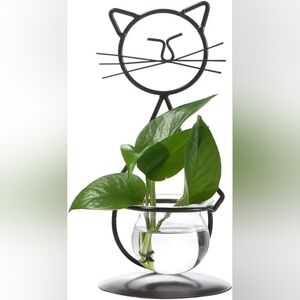Black Cat Hydroponics Planter Holder Vase Metal Decor Terrarium Glass
